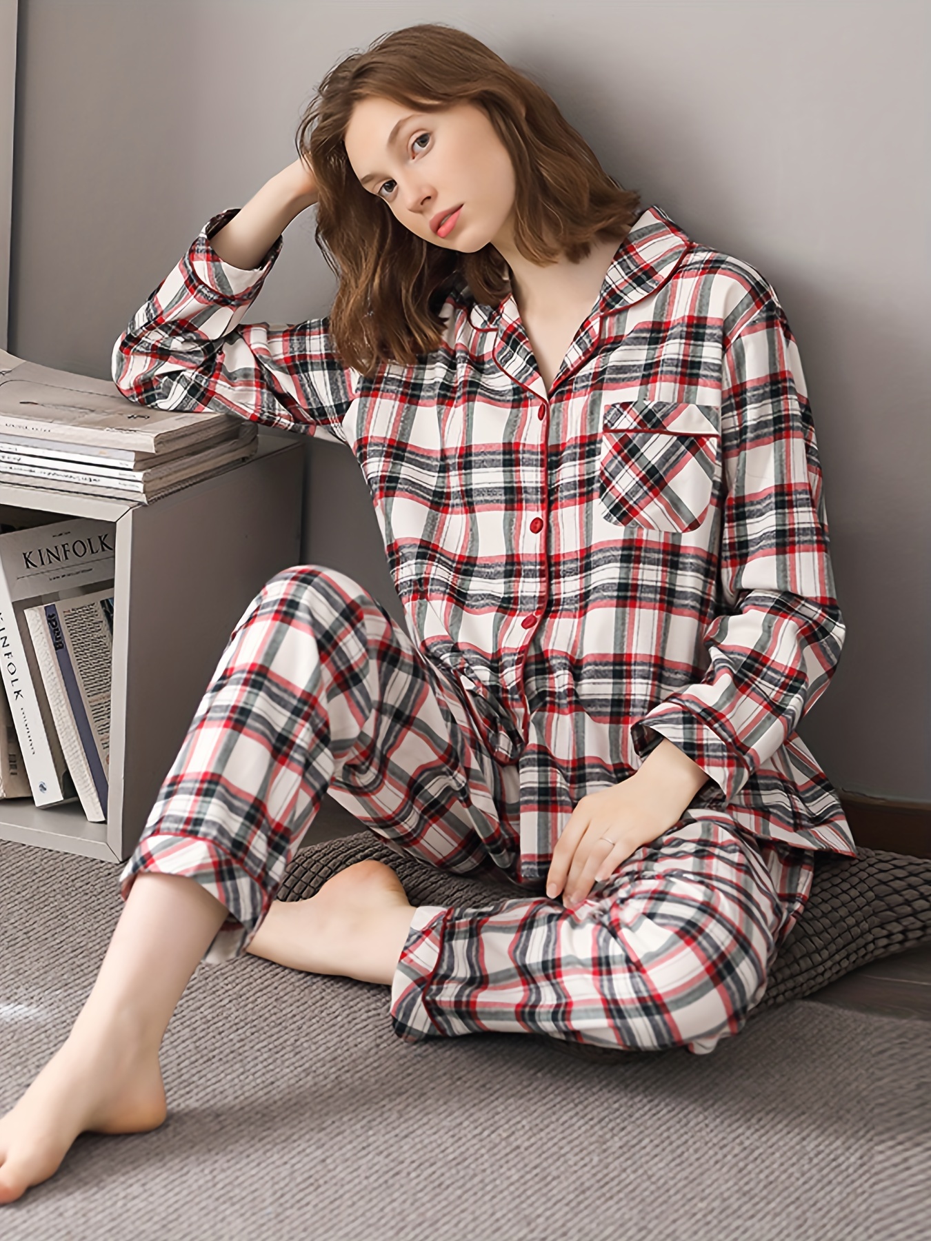 Plaid Print Pajama Set Long Sleeve Buttons Top Elastic - Temu