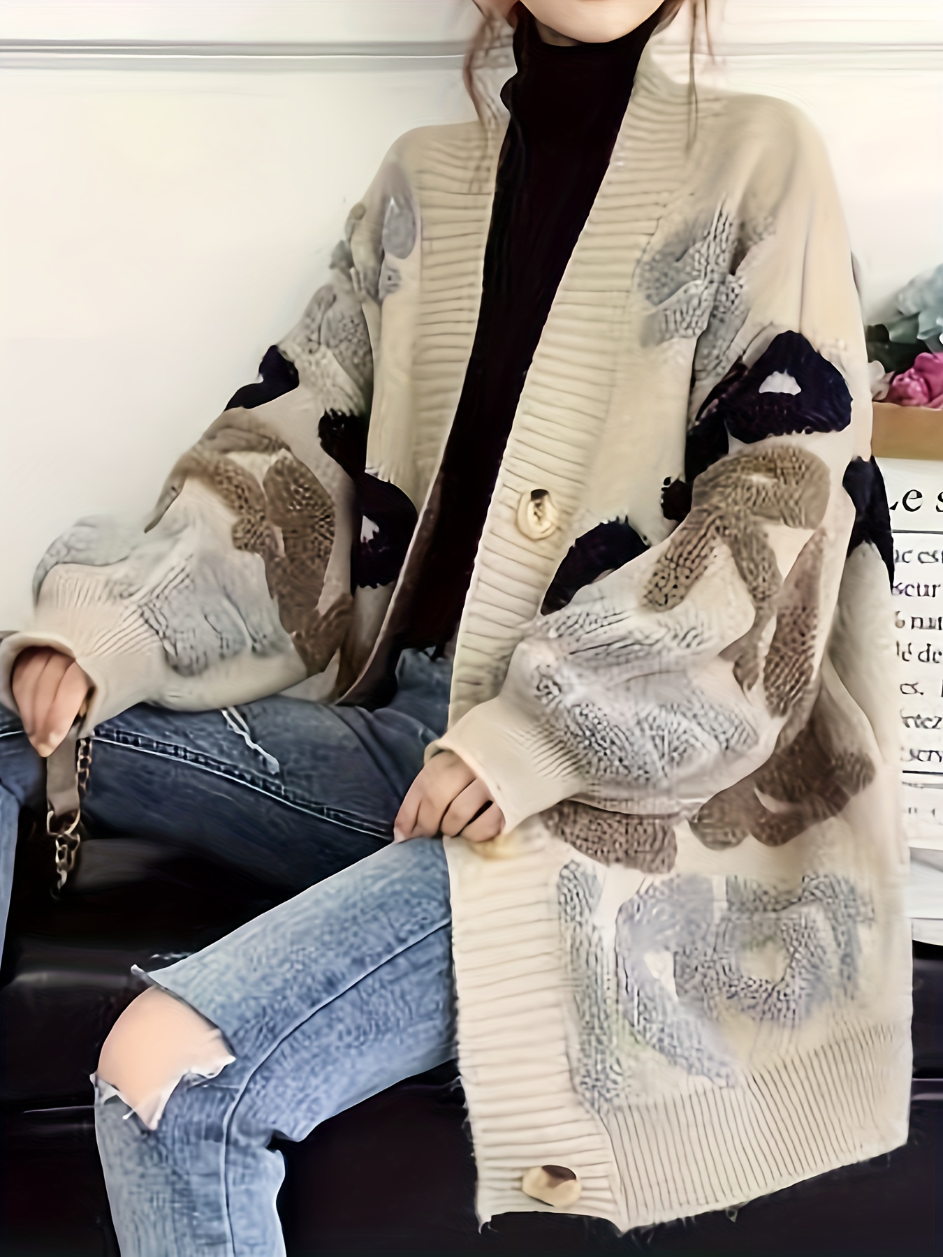 Letter Pattern Button Knit Cardigan Casual Long Sleeve Loose - Temu