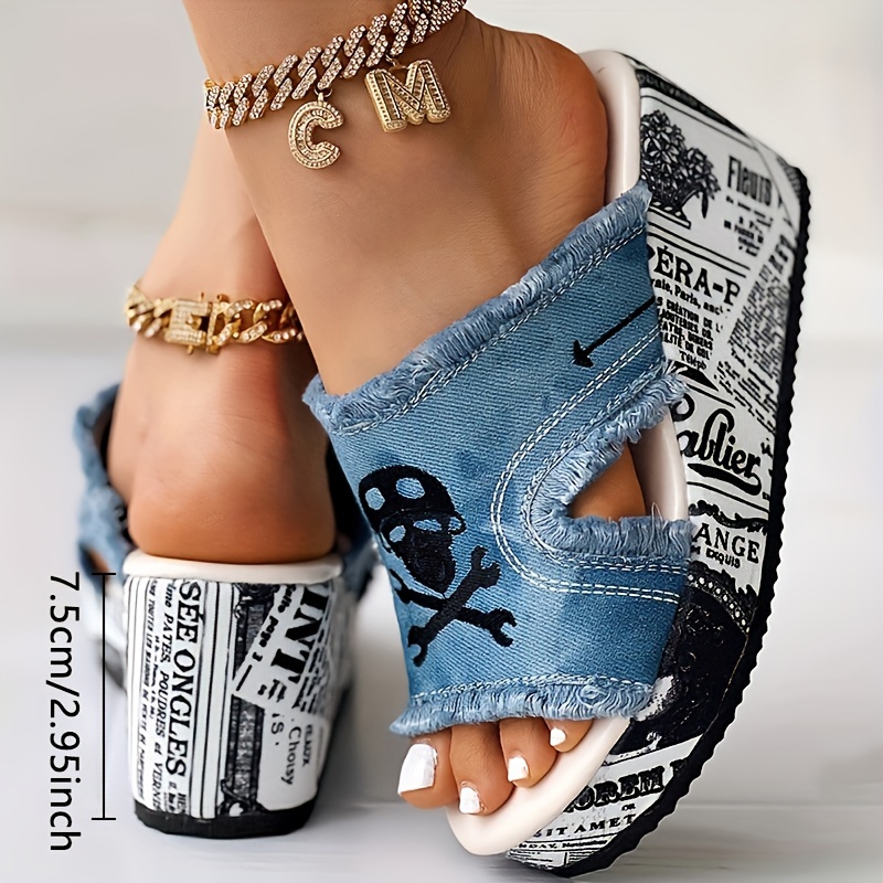 womens tassel denim letter design sandals slip on open toe wedges heel shoes casual summer shoes details 3