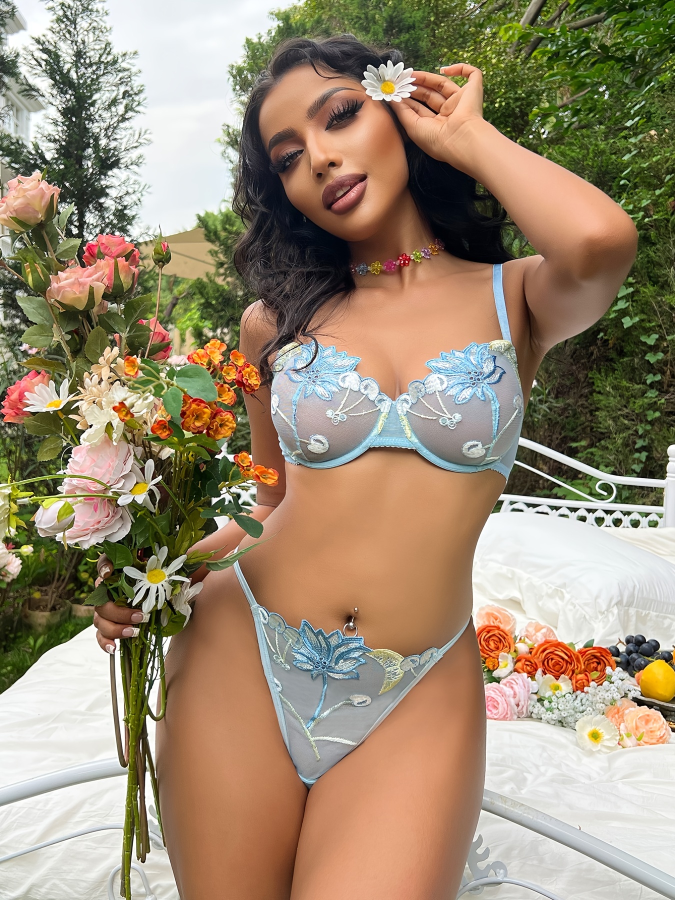 Embroidered Flower Color Block Bra Panty Set Semi sheer Thin