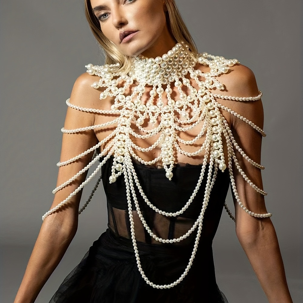 Pearls Body Chain Shawl Necklace Pearl Bra Shoulder Chain Top Beaded  Backless Chest Chains Rave Outfit