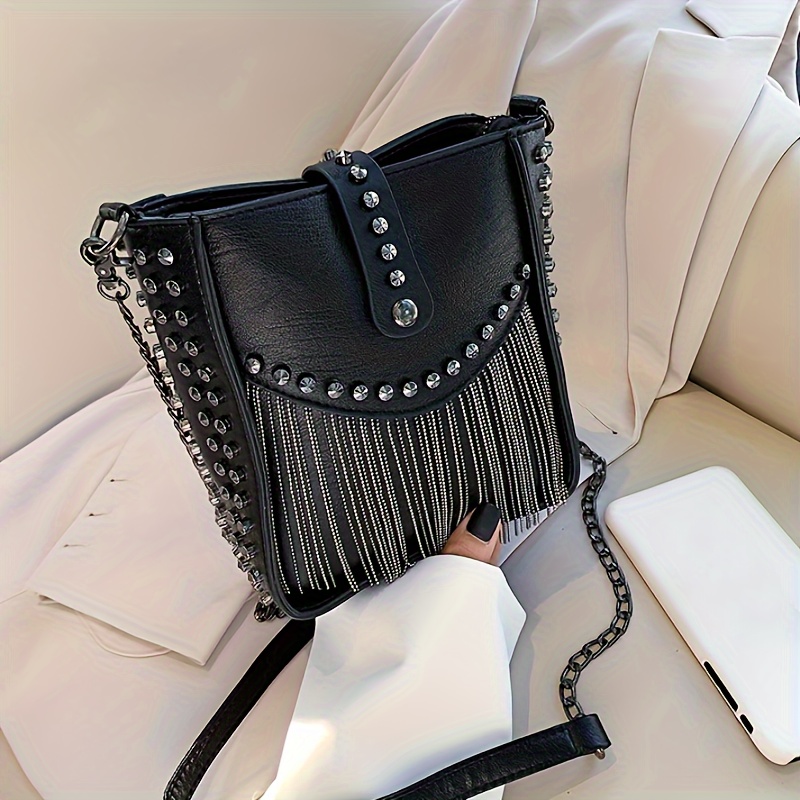 

Mini Fringe & Studded Decor Bucket Bag, Punk Style Chain Crossbody Bag, Women's Pu Leather Purse With Tassel