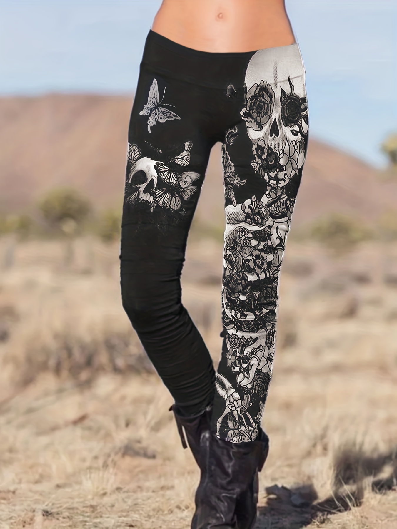 Plus Size Halloween Goth Leggings Women's Plus Floral Skull - Temu
