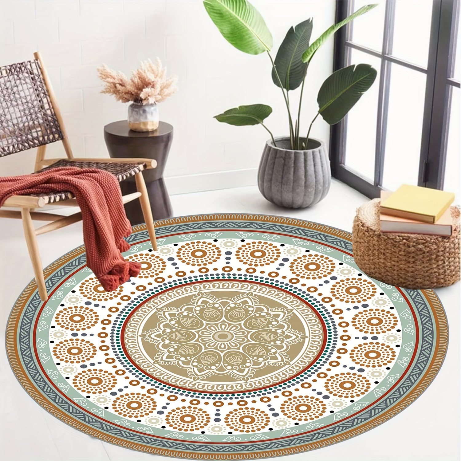 Lahome Boho Round Rugs 5'3Ft Machine Washable Round Bedroom Rugs Non-Slip  Throw Round Rugs for Living Room Floral Print Distressed Circle Dinning