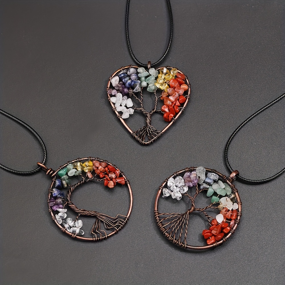 50MM Natural Crystal Stone Pendant Tree Shape Copper Frame Necklace Gift