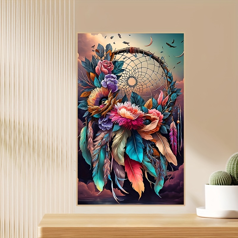 5D DIY Large Size Round Artificial Diamond Full Diamond Painting Kit Dream  Cartoon Decoration Romantic Flower Colorful Feather Dreamcatcher Embroidery