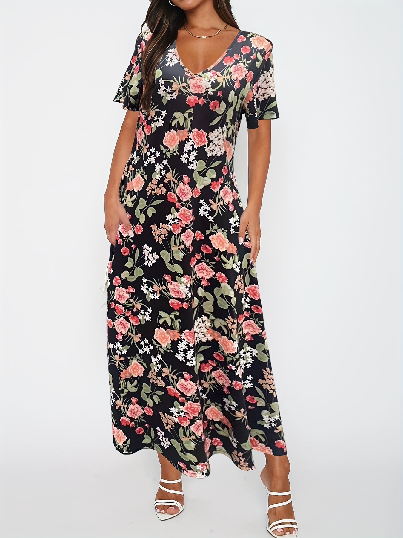 Floral Print Bohemian Maxi Dress V Neck Short Sleeve Dress - Temu