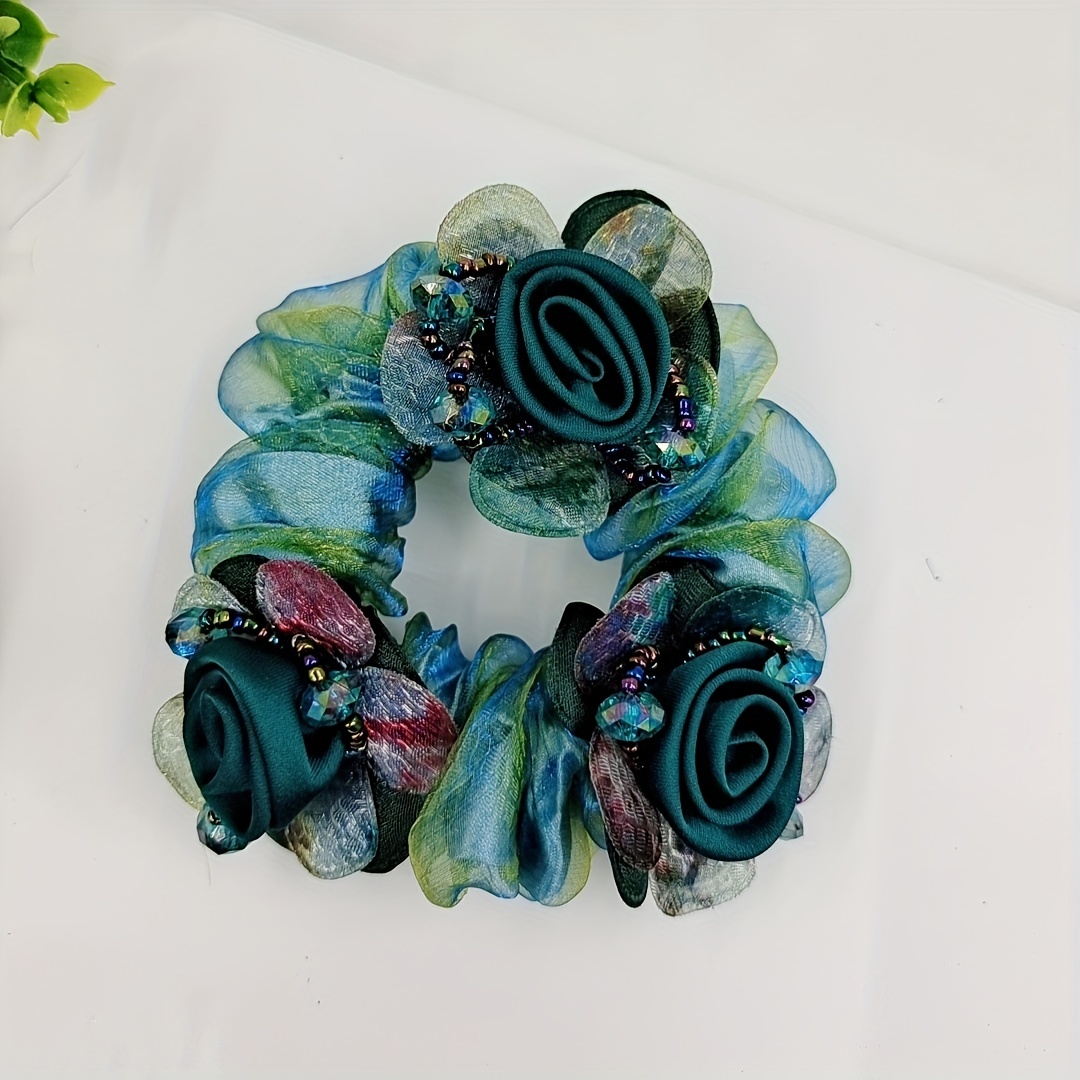 

1pc Handmade Floral Beaded Organza Hair Tie - The Perfect Hair Accessory For Women