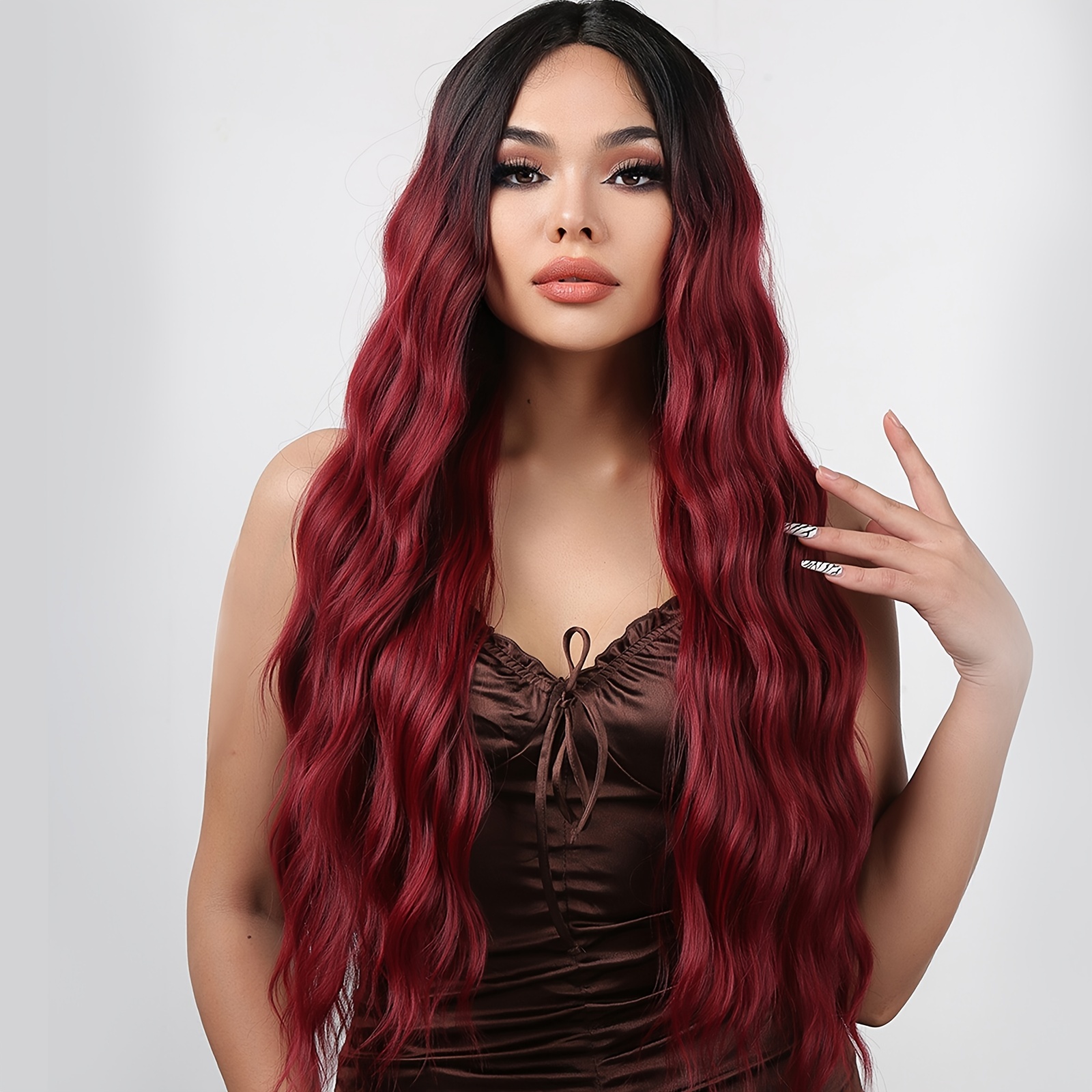 Windy Long Middle Part Black Red Ombre