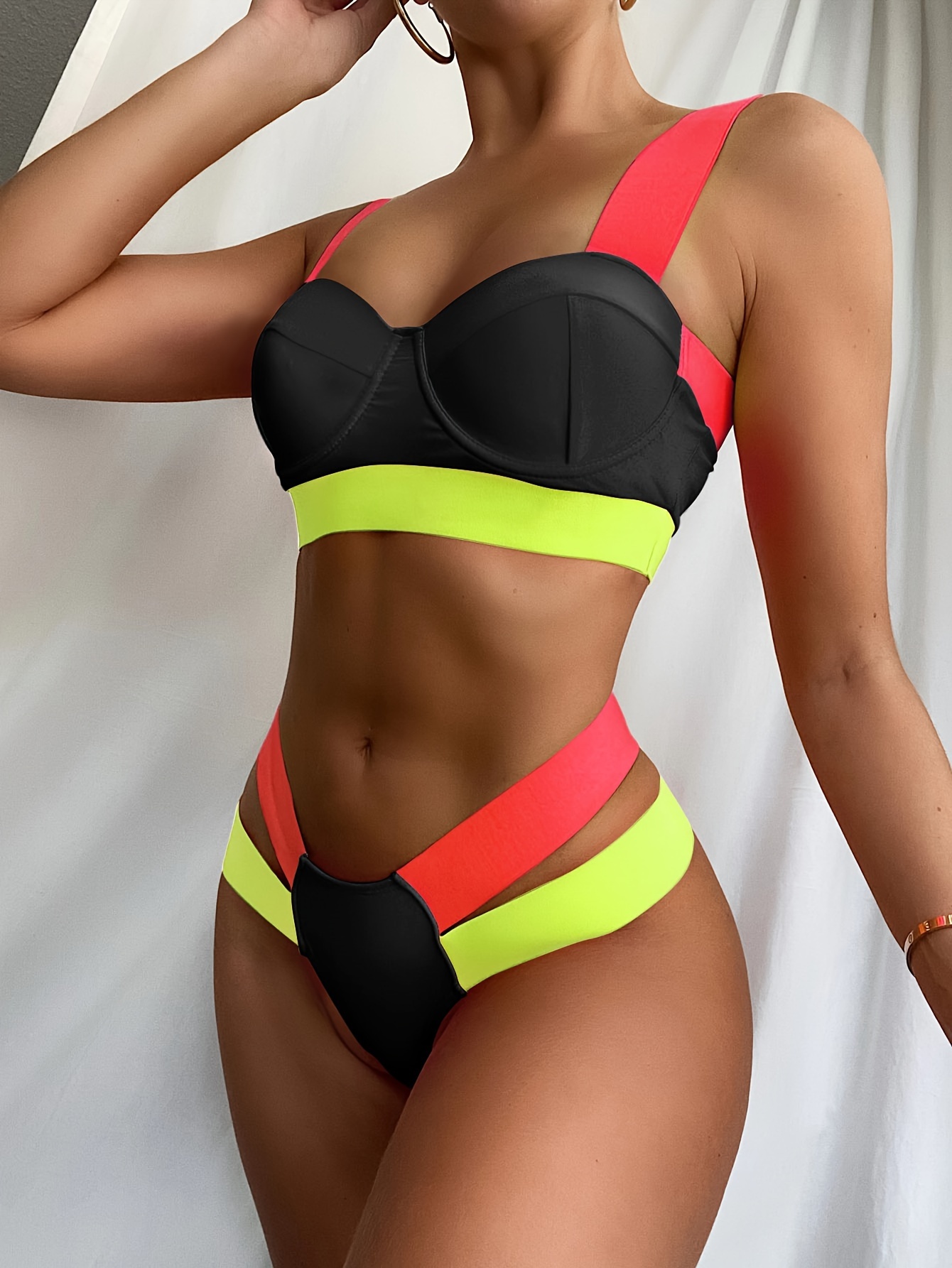 Color Block High Cut Hollow Bikini High Stretch Wide Strap - Temu Canada