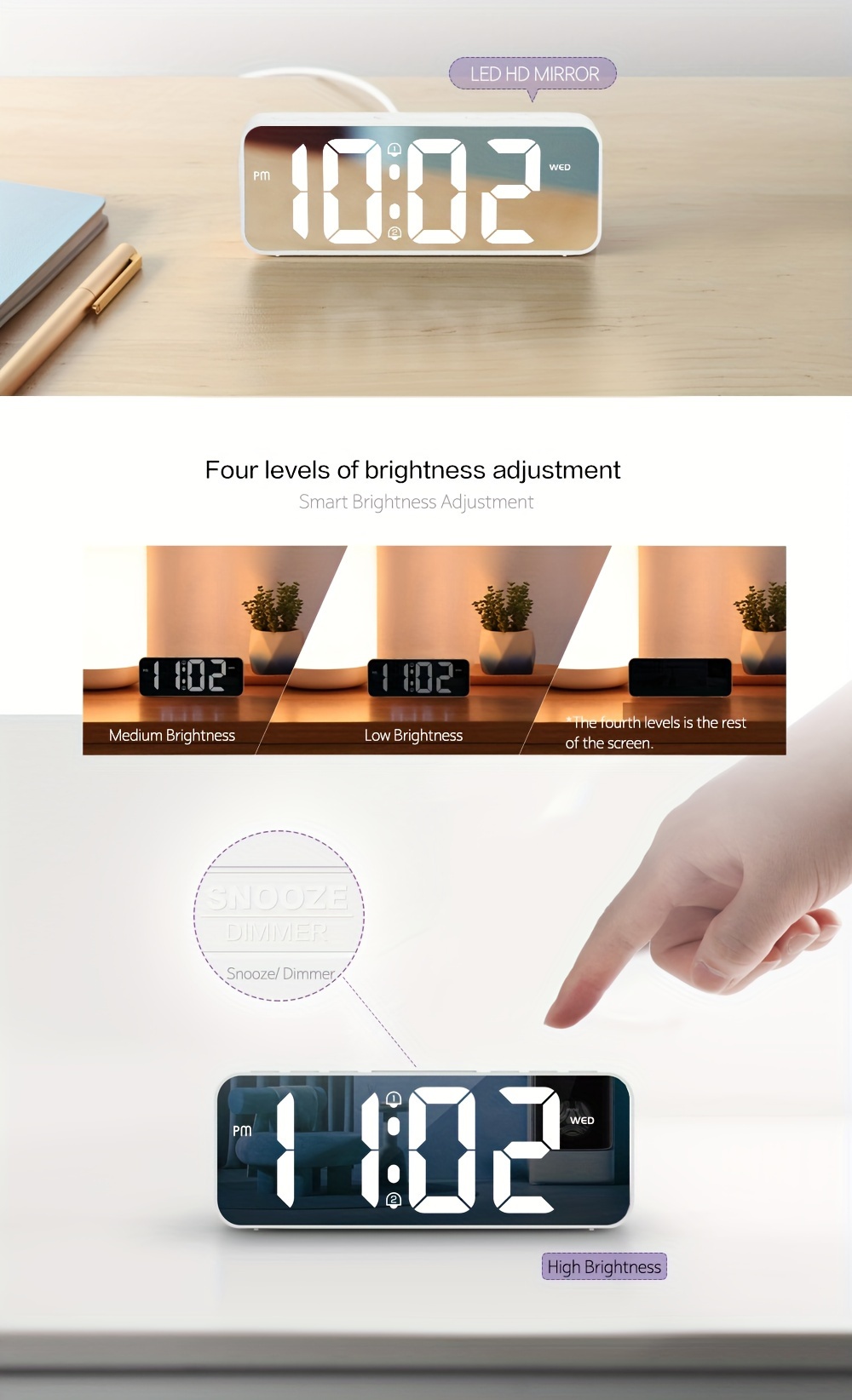 1pc Dst Led Alarm Clock 3 Levels Of Brightness Adjustment Mirror