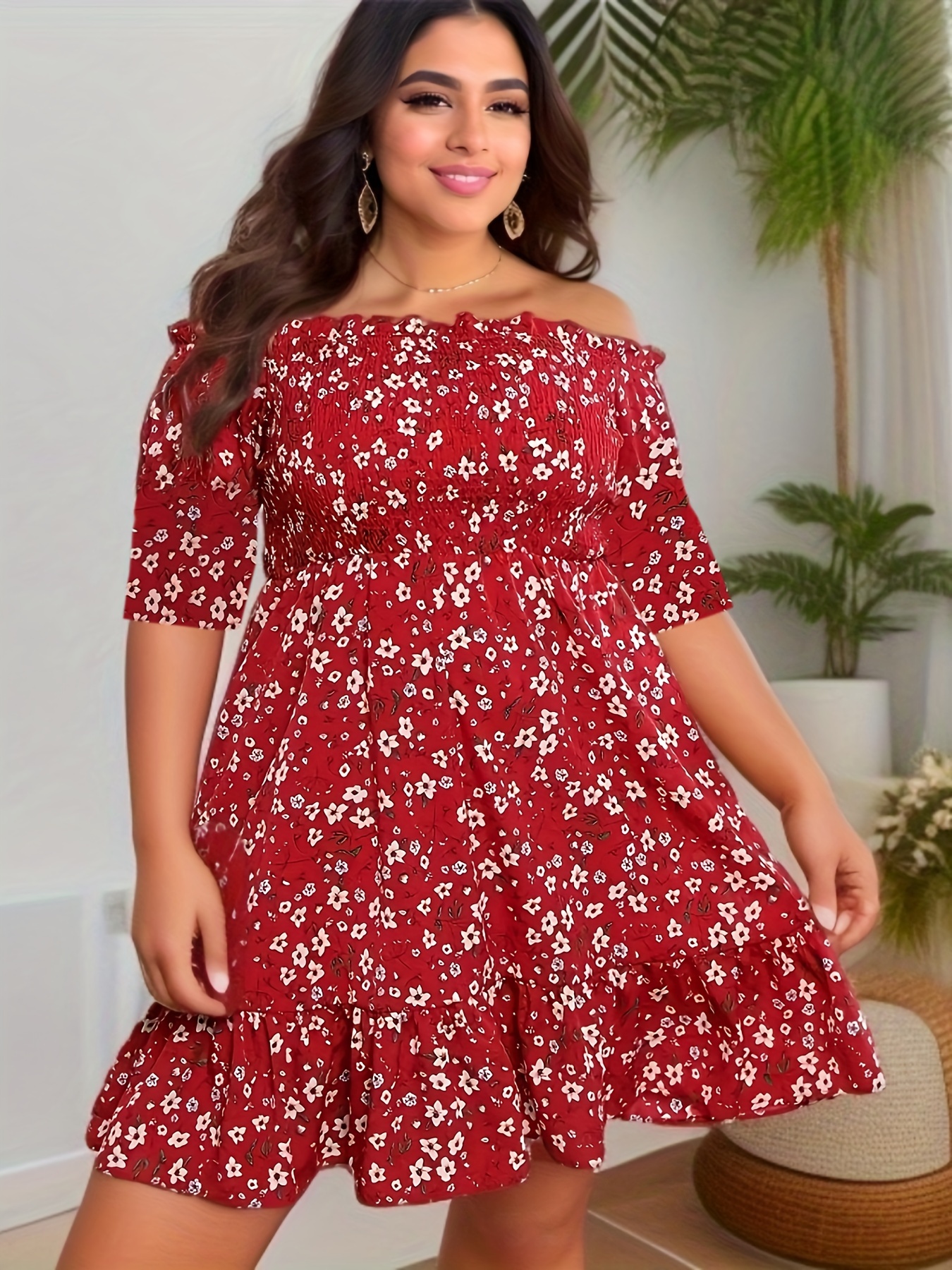 Women Plus Size Cute Off Shoulder Floral Mini Dress Summer Casual Short  Sleeve Swing Dress 3XL(18)