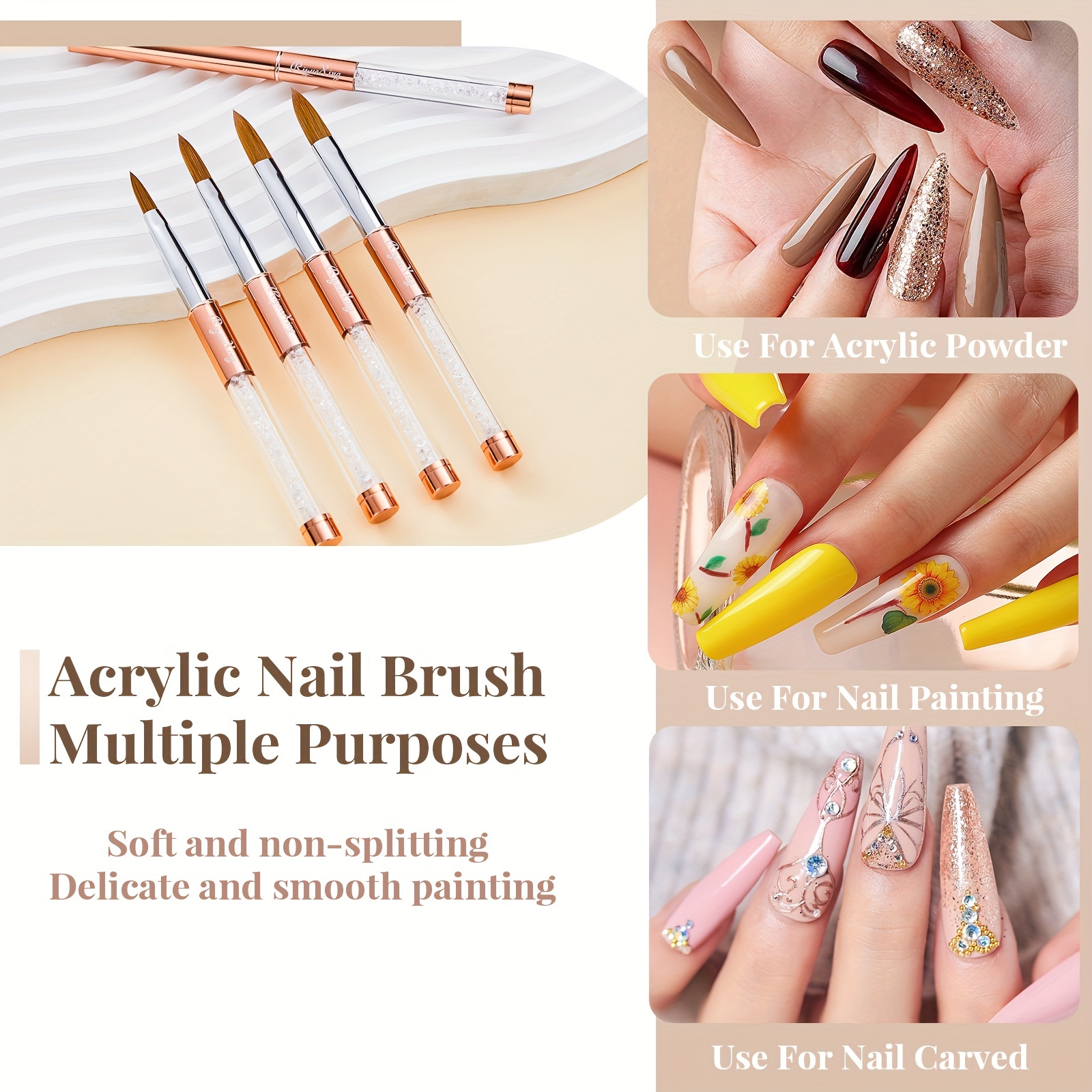 Kolinsky Nail Brush Set for Acrylic Application, Sizes 6-16