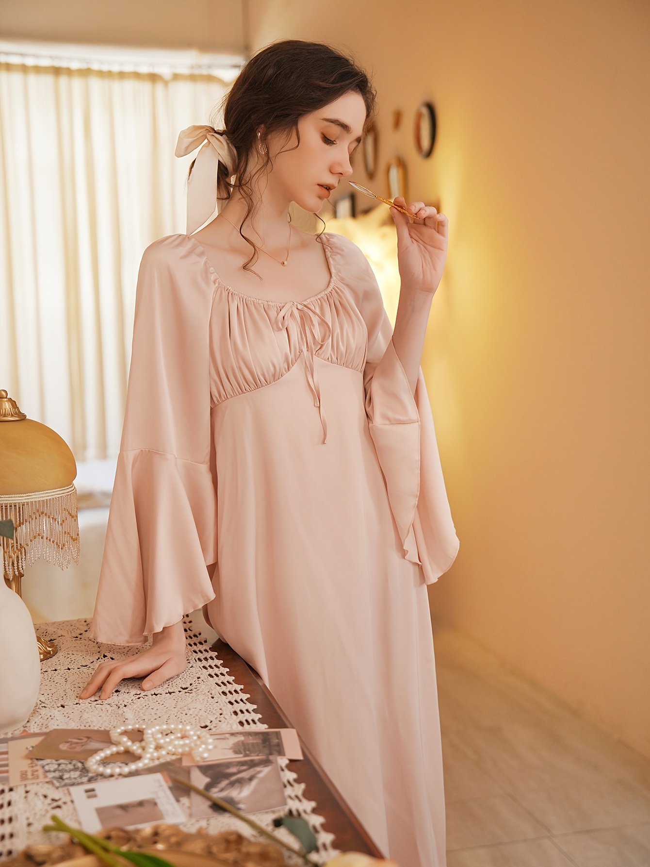 Elegant Solid Satin Lounge Dresses Bell Sleeve Front Lace - Temu