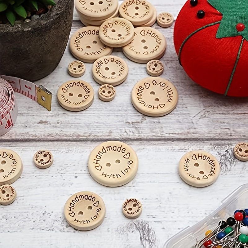  100pcs Handmade with Love Buttons Wood Wooden 2 Holes Buttons  for Sewing DIY Crafts Project 15MM / 0.6 in