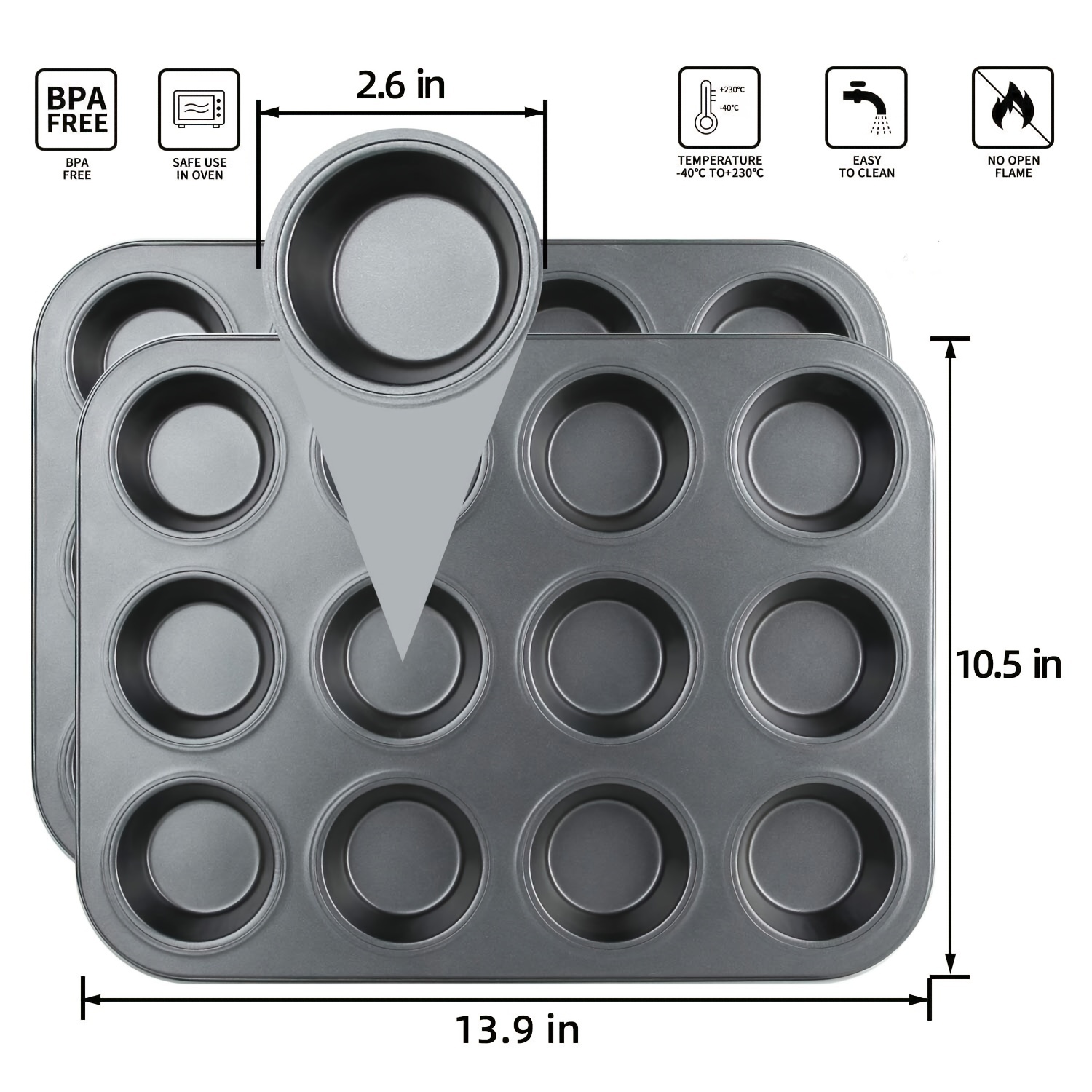 P&P CHEF Muffin Pan Cupcake Baking Pan Set of 2, 12 Cups Muffin Tin Tray,  Stainless Steel Muffin Pans for Baking Mini Cake Muffin Tart Quiche, Oven 