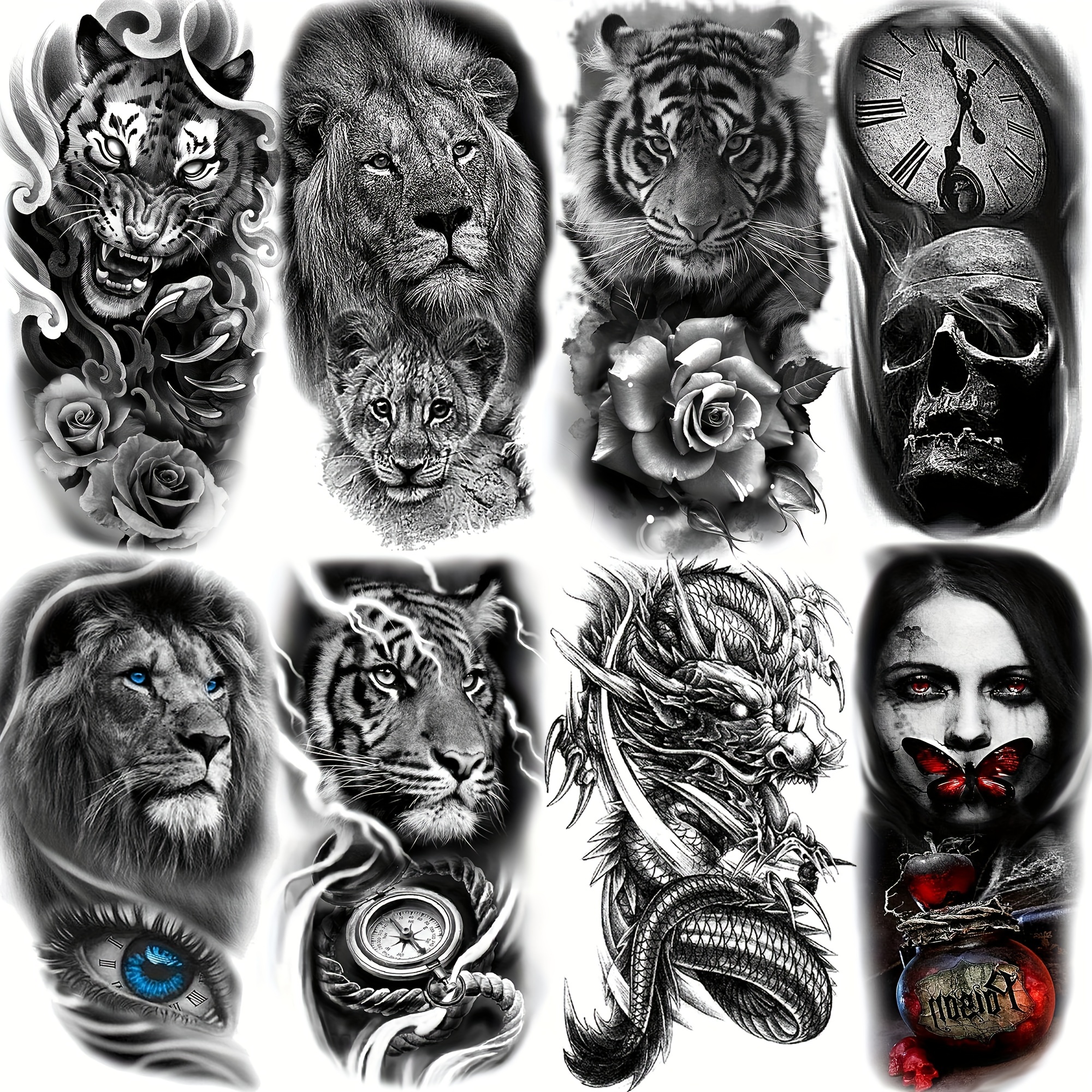 8 Sheets Large Tribal Eye Lion Dragon Temporary Tattoos For Women,  Waterproof * Skull Tiger Tattoos For Men Adults, Halloween Black Sleeve  Tattoos