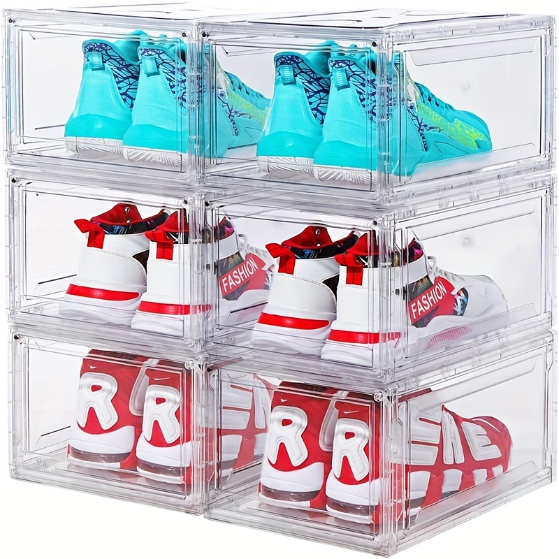 【Grueso y resistente】Organizador de almacenamiento de zapatos transparente  con puerta magnética, cajas apilables para armario, zapatero plegable que