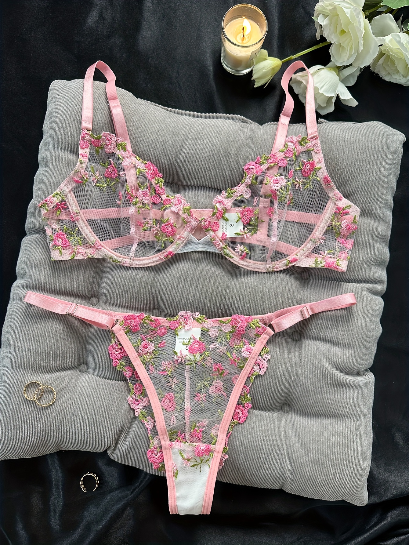 Women's Sexy Lingerie Set, Plus Size Floral Embroidered Cut-out Mesh Bra &  Panty Lingerie 2 Piece Set