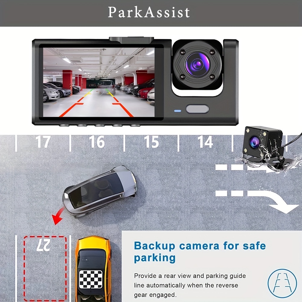 Vusddy 3 Kanäle Autokamera Dashcam 1080P, 360 Grad überwachung, überwachungskamera  Auto, Dash Camera Auto Vorne und Hinten mit 4 IR-Lampen, 2,5 Zoll LCD, 24  Stunden Parküberwachung, Daueraufnahme: : Elektronik & Foto