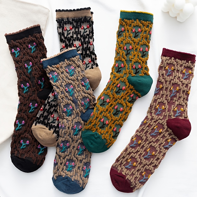 Women's Floral Cotton Socks Vintage Patterned Crew Socks - Temu