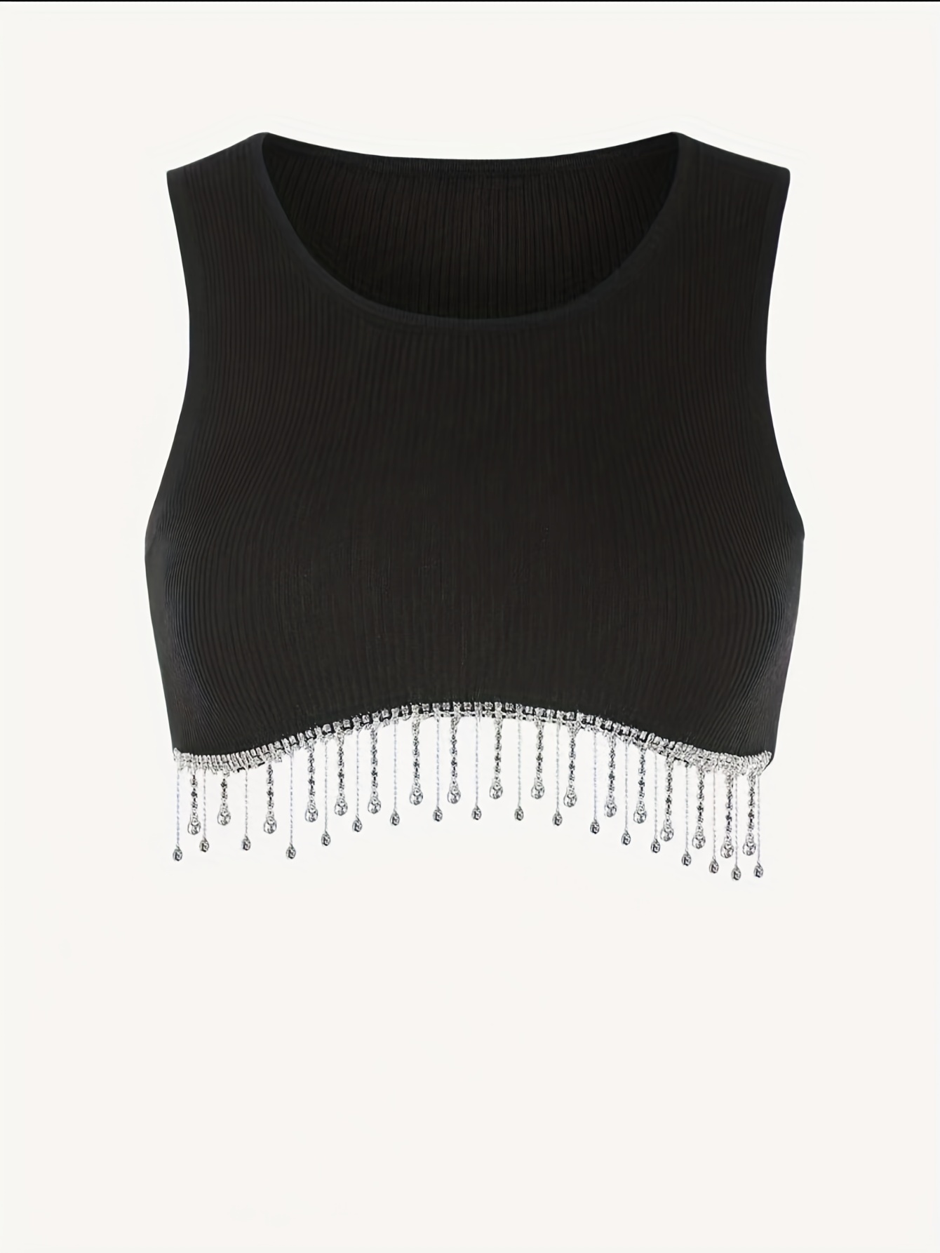 Solid Crop Top Beaded Detail Crew Neck