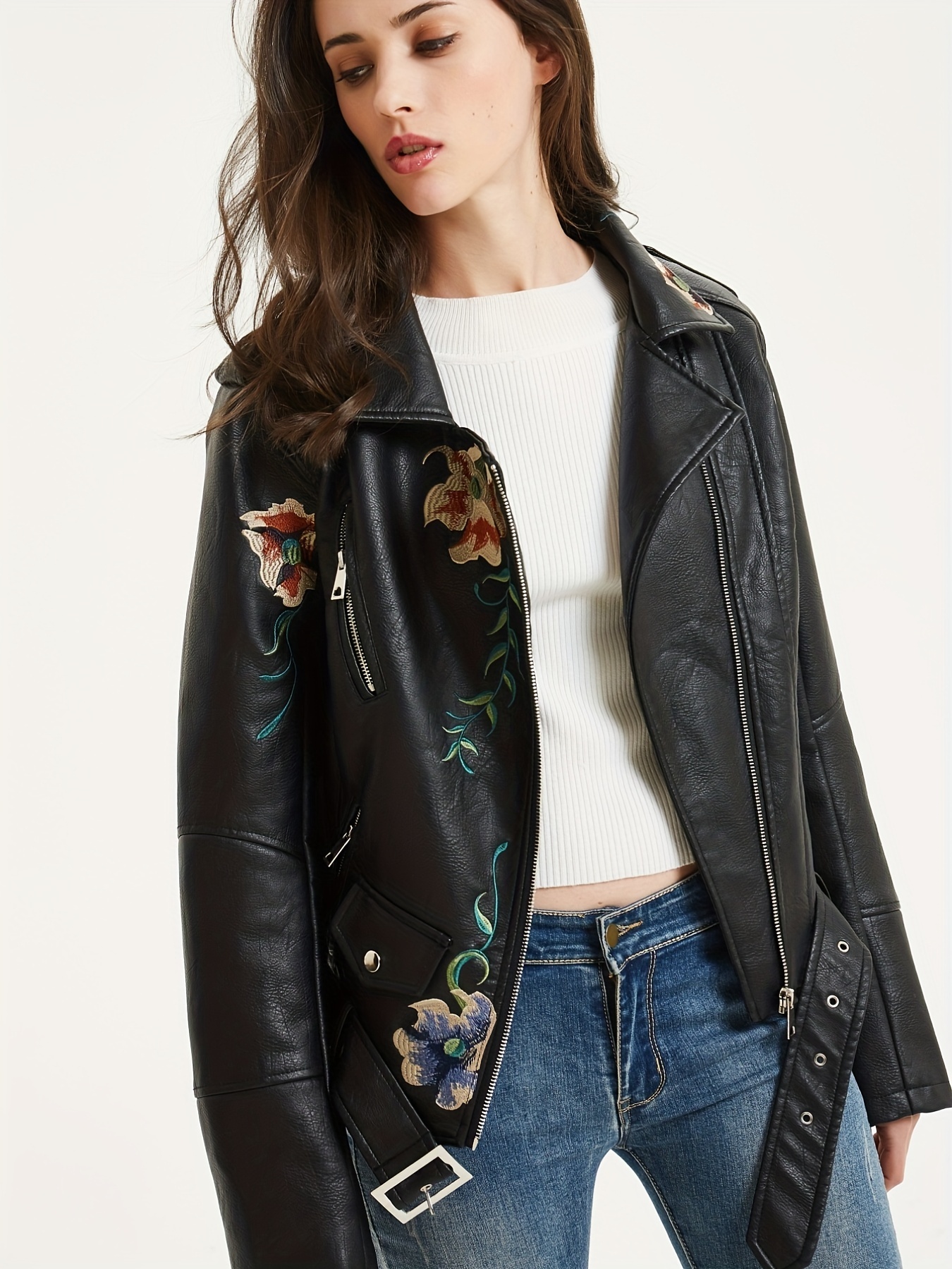 Floral Pattern Pu Leather Jacket Street Wear Zipper Moto - Temu