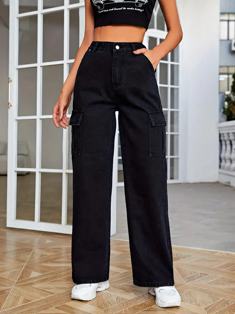 Black Flap Pocket High Denim Cargo Pants Solid Color - Temu