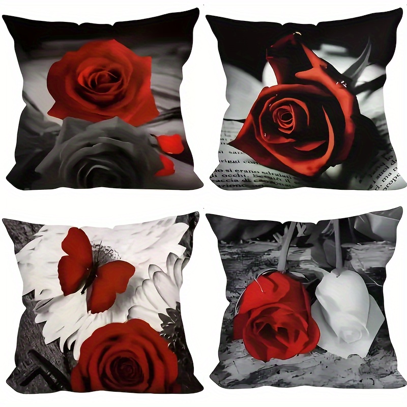 

4pcs Romantic Red Rose Decorative Throw Pillow Case - Perfect For Valentine's Day, Home, Bedroom, Living Room More!single-sidedprinting Without Insert, Peach Skin Material, 17.7inch*17.7inch