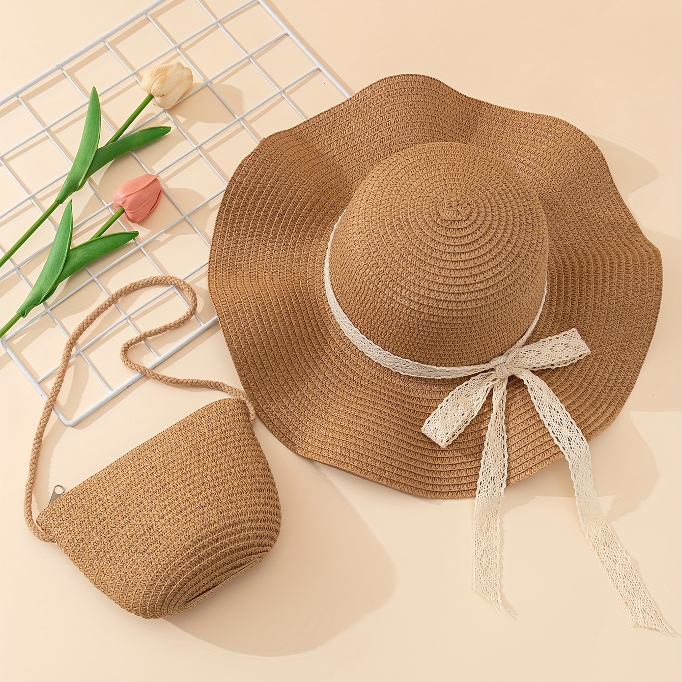 Elegant Retro Straw Hats - Summer Beach Sun Hat Women Fashion Headwear 1pc  Set