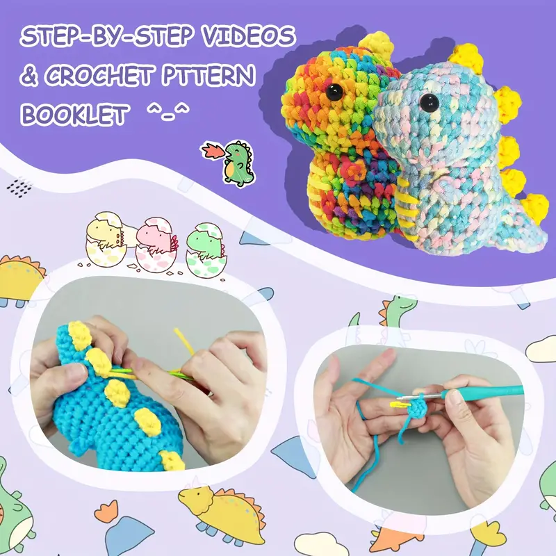 Beginners Crochet Kit With Easy Peasy Yarn - Colorful Dinosaur Dolls With  Step-by-step Video Tutorials,crochet Kit For Beginners Animals,suitable For  Stress Relief, Decoration, Knitting Learning, Gifts, Etc
