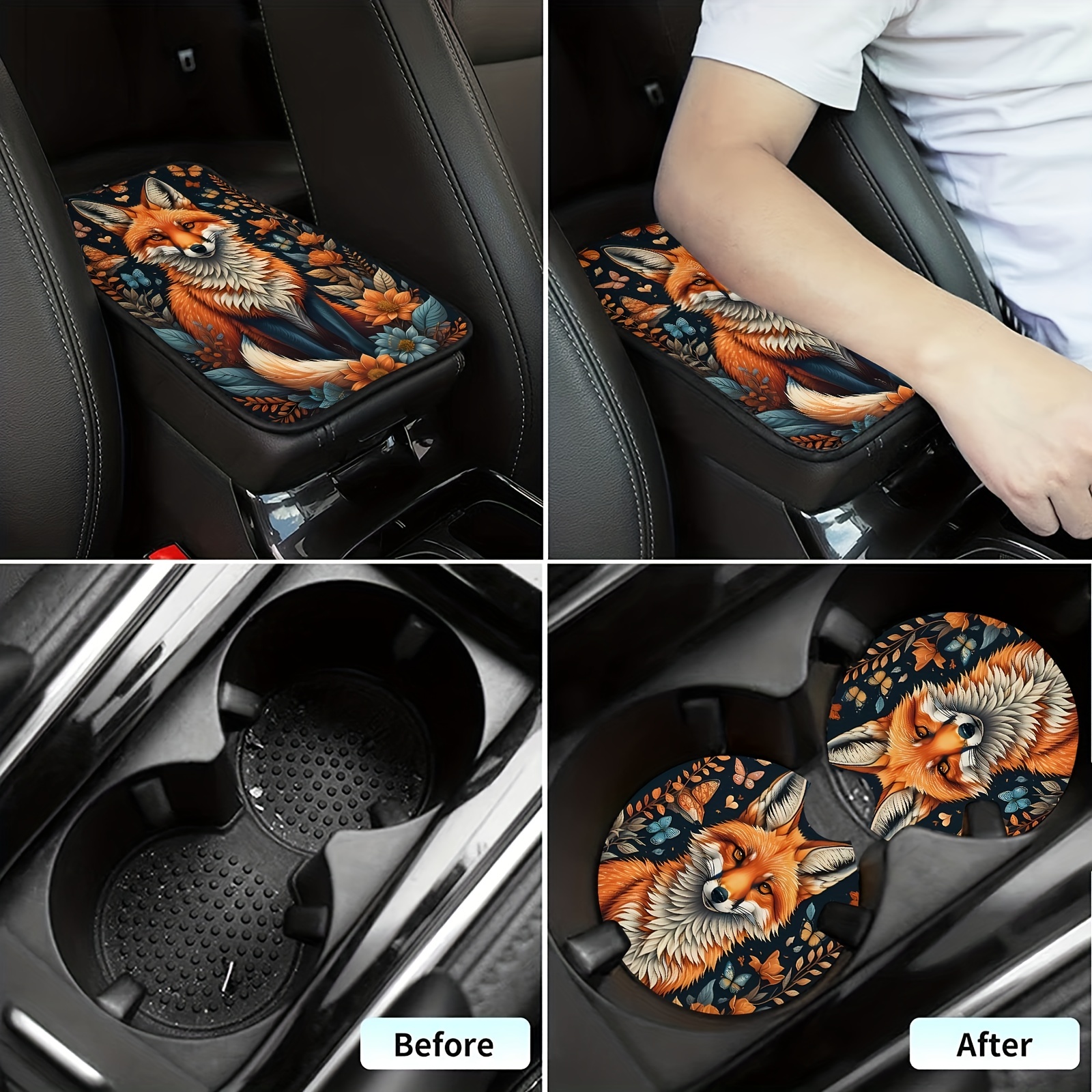 Car Interior Kit Fox Pattern Armrest Box Pad Car Cup Holder Temu