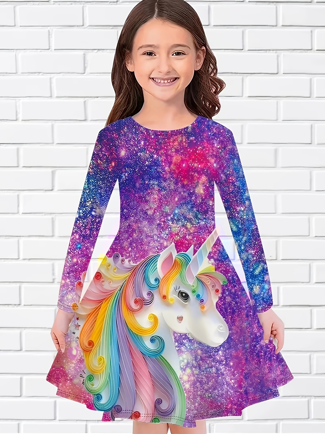 Girls 3d Shining Rainbow Unicorn Print Animal Graphic Long - Temu