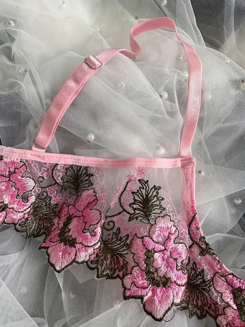 Floral Embroidery Lingerie Set Open Cup Bra Thongs Women's - Temu