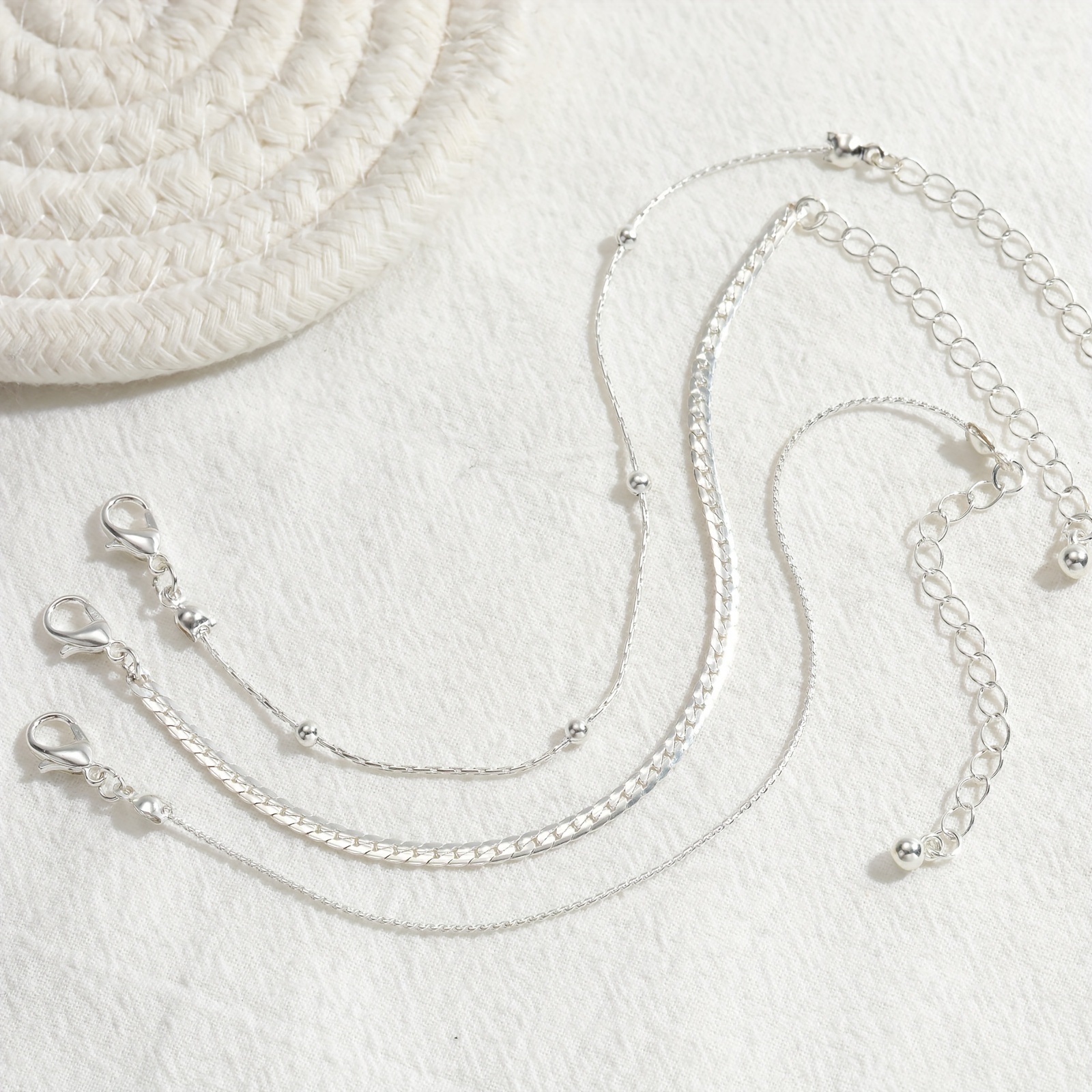 3pcs Silvery Anklets Bead Chains & Flat Snake Chains