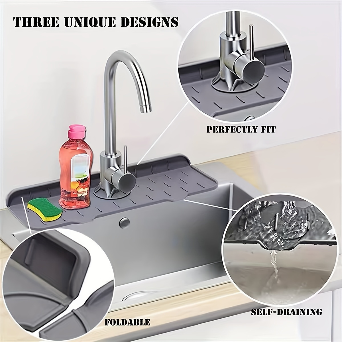 3PCS Silicone Kitchen Sink Splash Guard, Sink Faucet Splash