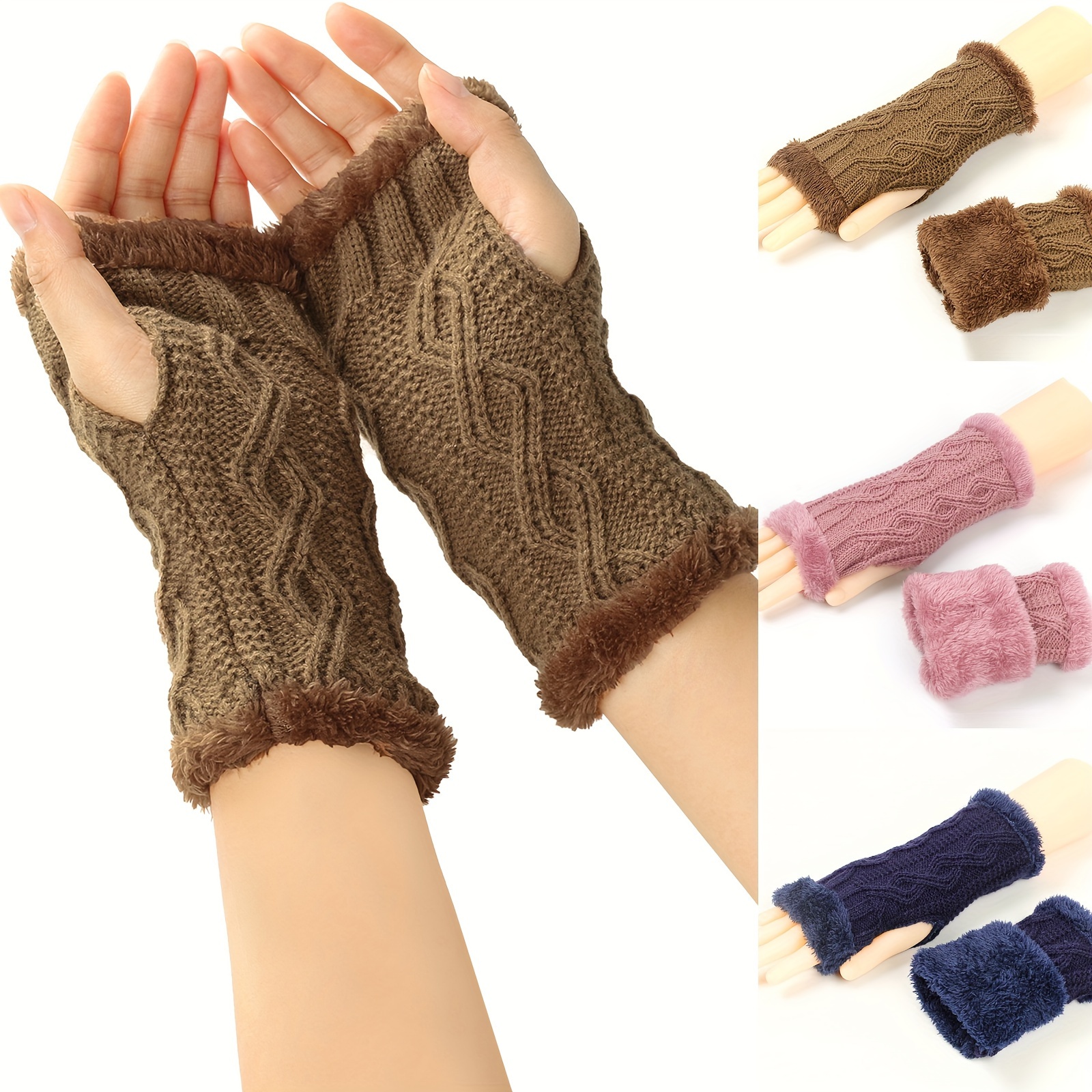 Solid Color Twist Knit Gloves Short Velvet Lined Warm Fingerless Gloves Winter Thick Warm Wrist Cover details 2