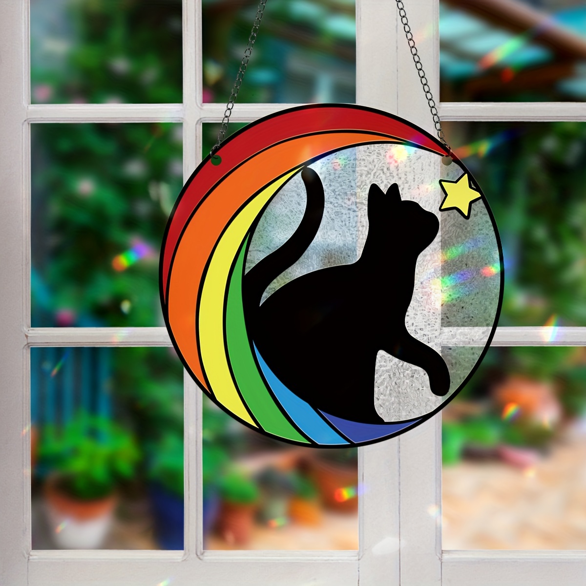 Orange Cat Decor, Handcrafted Stained Glass Window Hangings for Sleeping Cat  on Moon Decoration PU6MG8 - The Home Depot