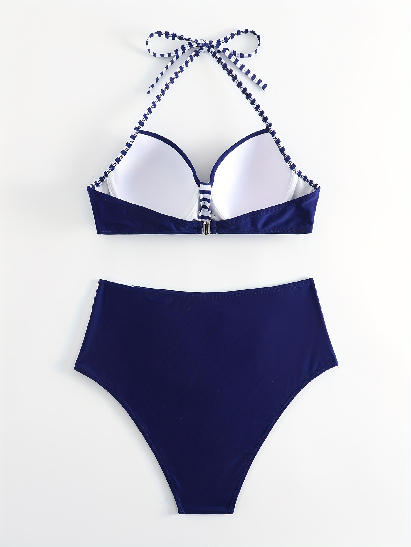 Two Piece Halter Ruched Highwaist Bikini Bathing Suit-Blue White