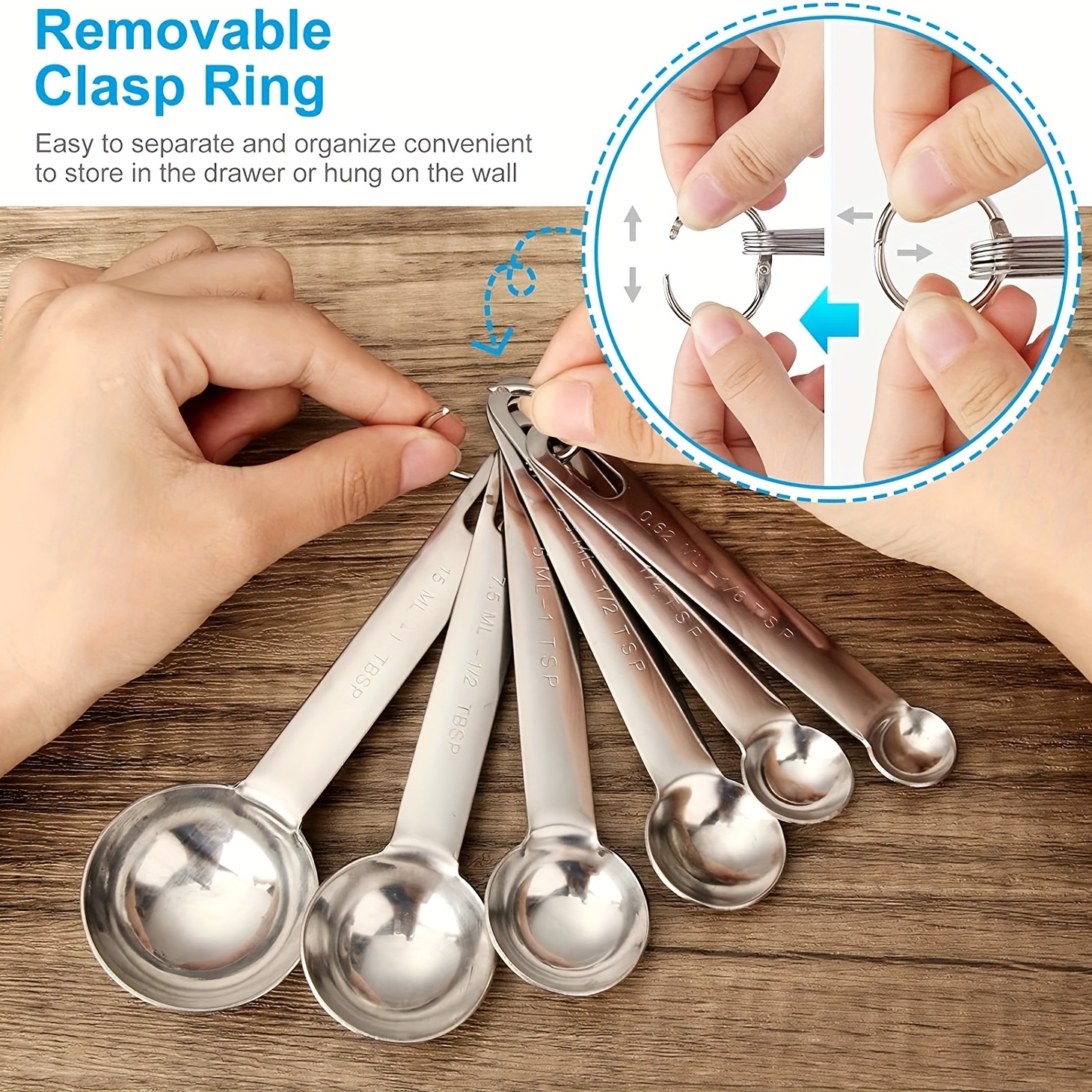 Stainless Steel Measuring Spoons Set of 7 Stackable Measure Spoon for Dry  and Liquid Ingredients Etched Marked Baking Cooking Spoon with Detachable  Ring Holder 