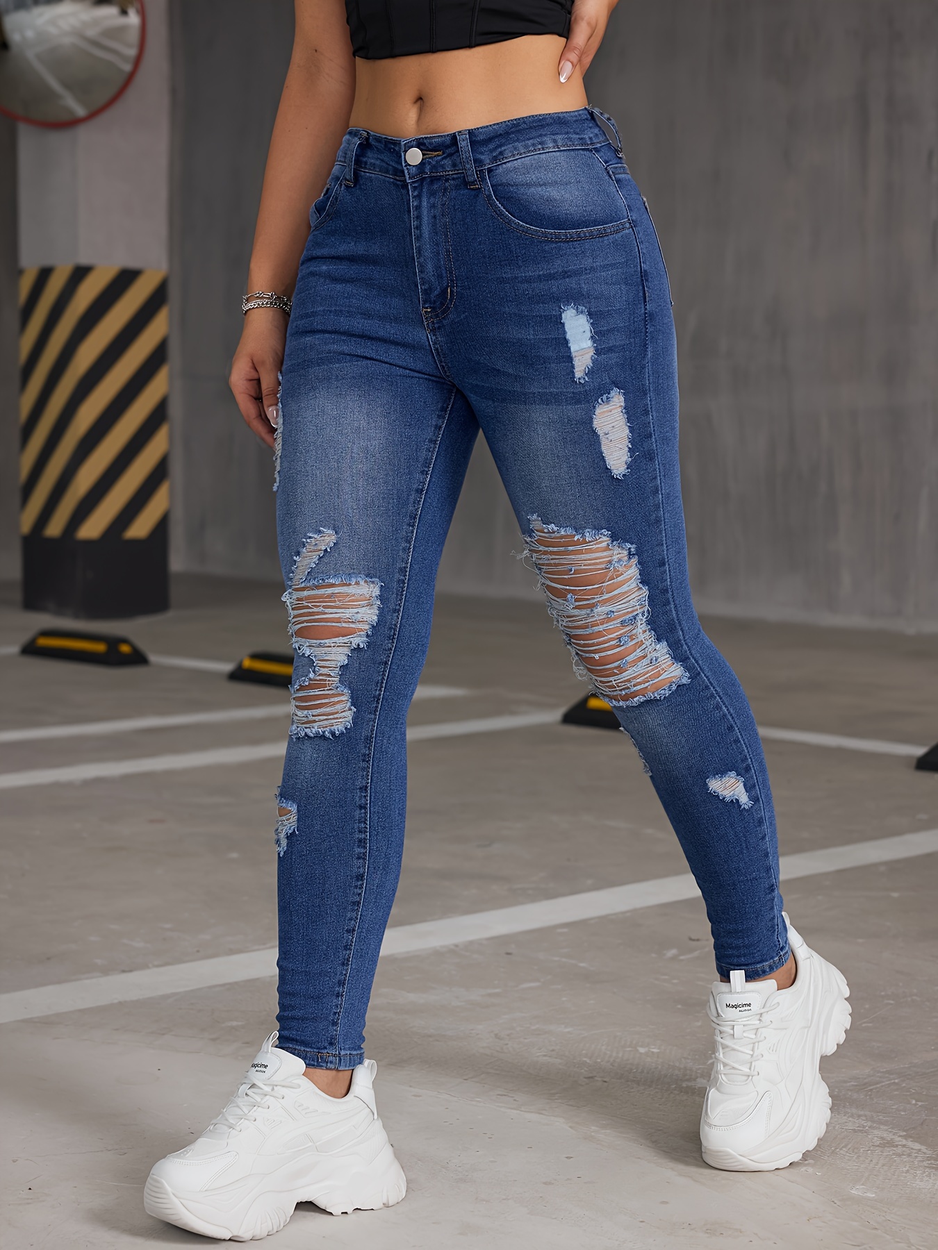 Jeans Ajustados Con Agujeros Rasgados * Jeans Ajustados Informales De Corte  Slim Y Estiramiento Alto, Jeans Y Ropa De Mezclilla Para Mujer