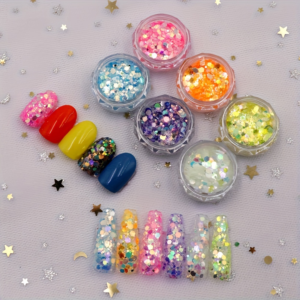 6 Can Holographic Nail Art Sequins,6 Color Mermaid Nail Flakes,Hexagon  Chunky Nail Glitter Sequin For DIY Nail Art Decoration Phone Case Decoration