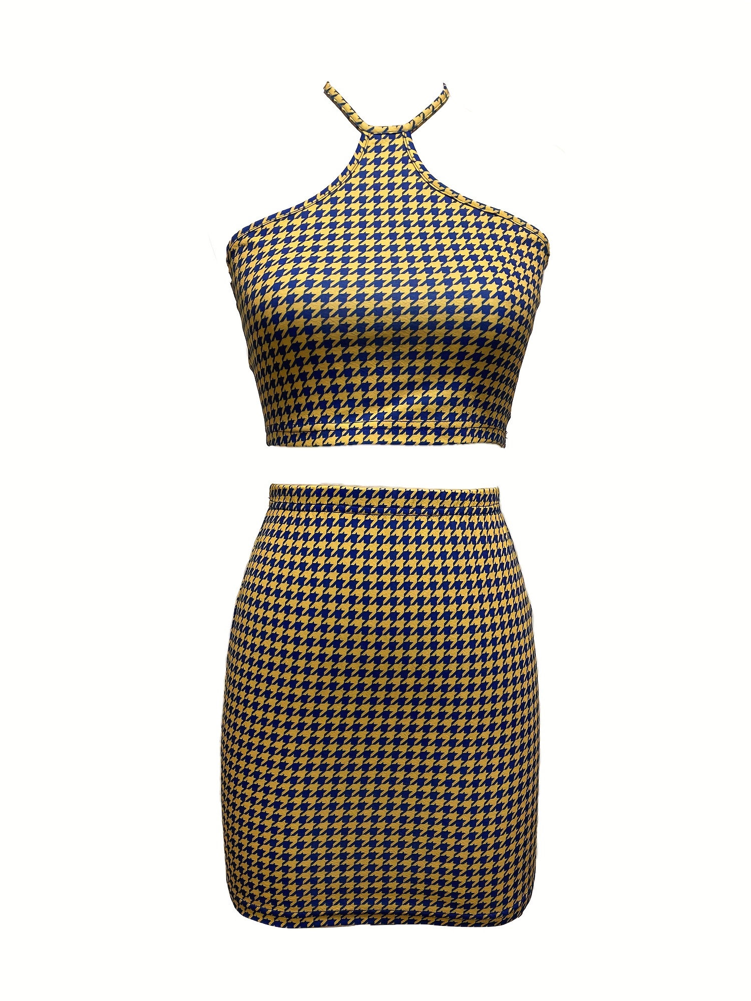 Houndstooth Print Two piece Set Backless Halter Top & Bag Hip Mini Skirts