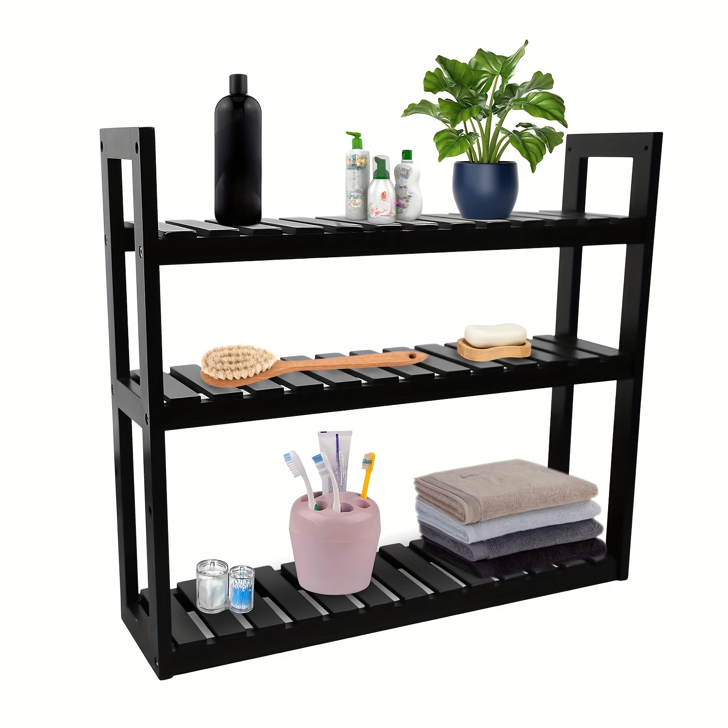 1pc Black Bathroom Storage Rack, Wall Mounted Shelving Unit For Shower  Room, Restroom, Washroom, No Drilling Required