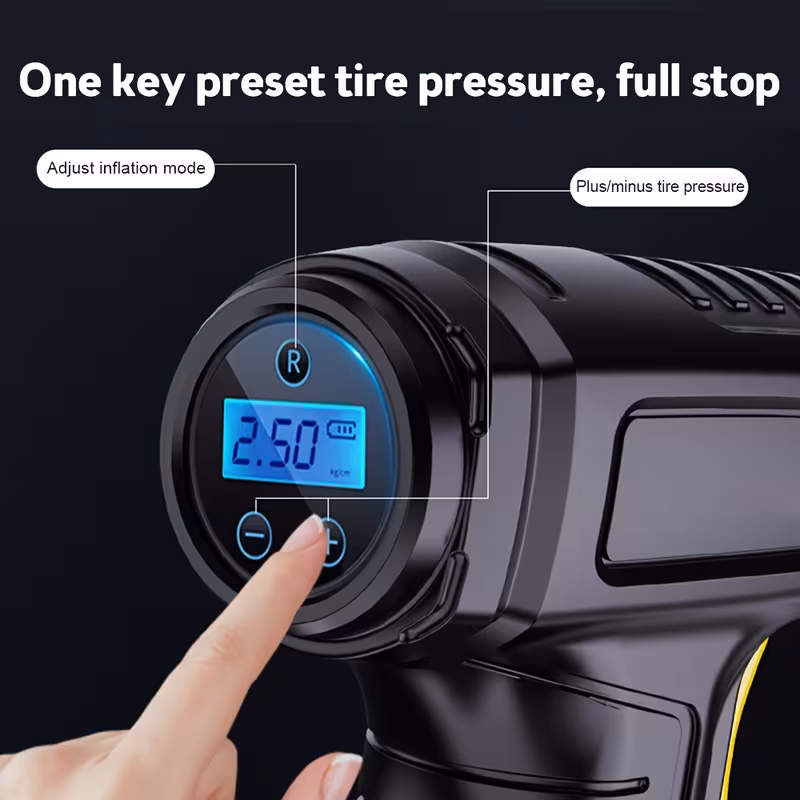 a compact air compressor for inflating tires this cordless perfect for cars motorcycles and bicycles it features pressure gauge and an led light making it ideal for tires and balloons details 4
