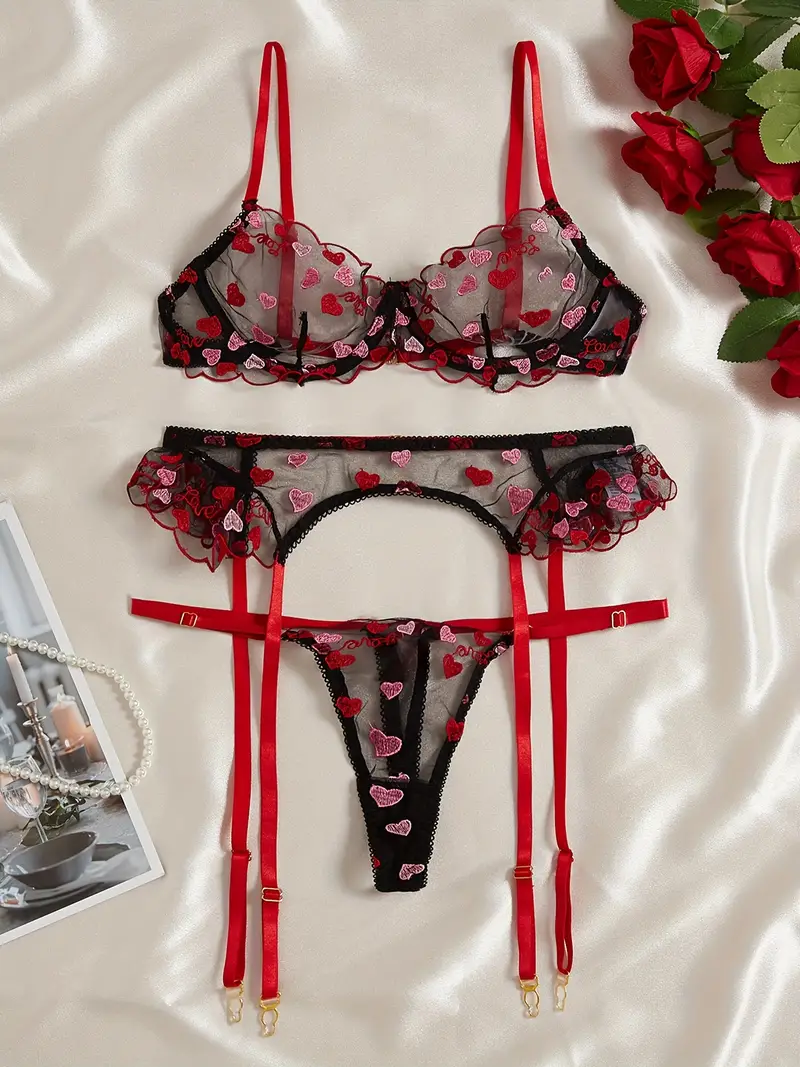 Valentine's Day Heart Embroidery Lingerie Set, Semi Sheer Intimates Bra &  Thong & Garter Belt, Women's Sexy Lingerie & Underwear