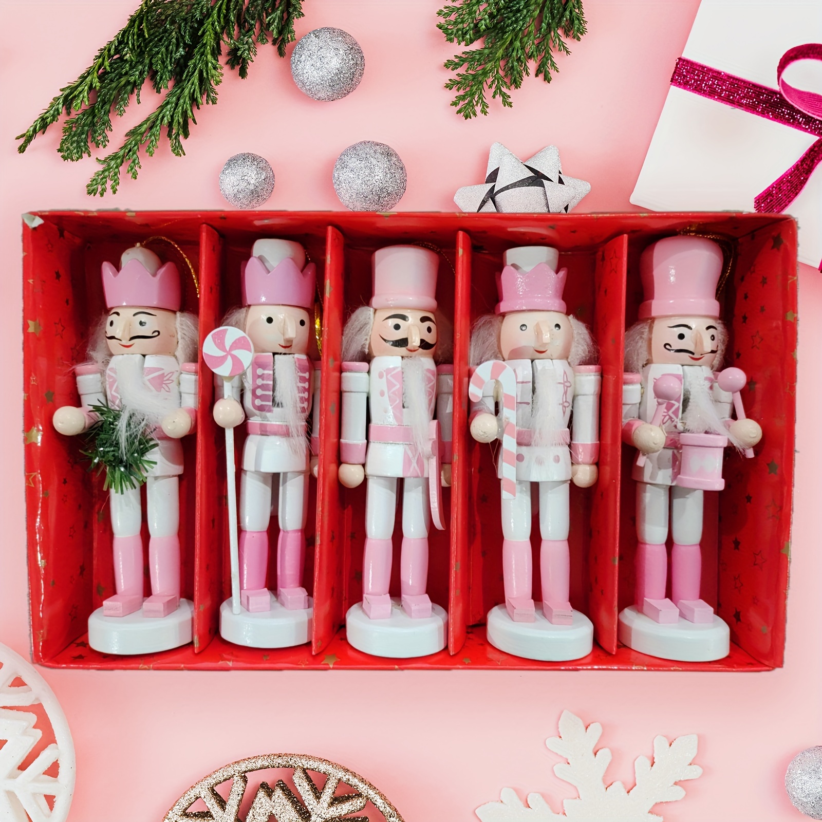 5pcs, Christmas Nutcracker Decorated Wooden Nutcracker Soldier Christmas Desktop Decorations-pink And White, Christmas Tree Decorations, Scene Decor, Festivals Decor, Room Decor, Home Decor, Corridors Decor, Window Decor, Offices Decor