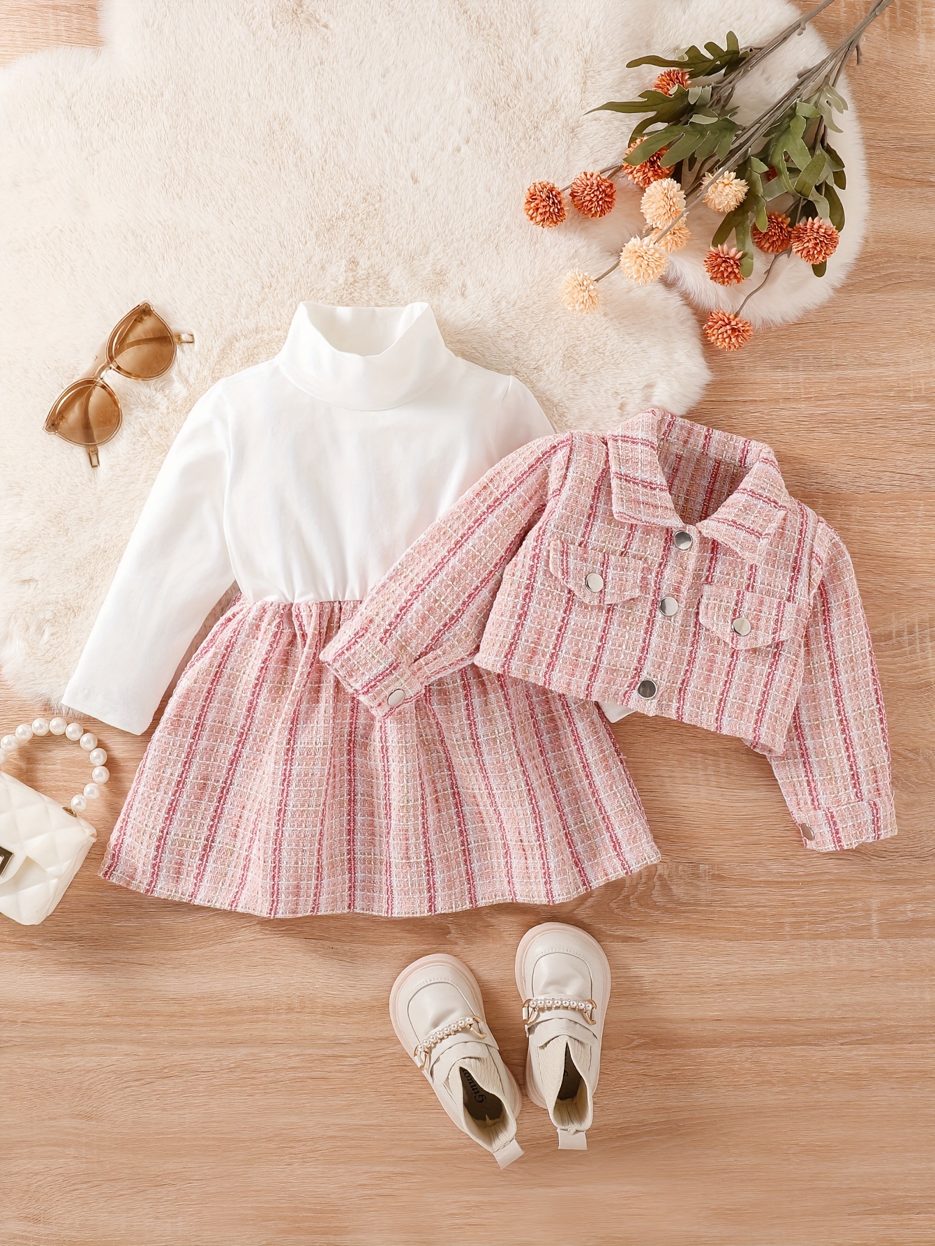 Baby Girl Stylish Casual 5pcs Outfits - Long Sleeve Jumpsuit & Plaid Skirt  & Belt & Hat & Scarf Set, Kids Clothes Autumn And Winter
