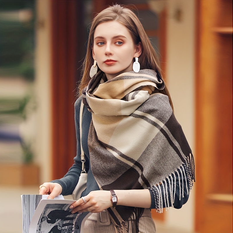 Women's Blanket Scarf Fall Winter Classic Tassel Plaid Warm - Temu