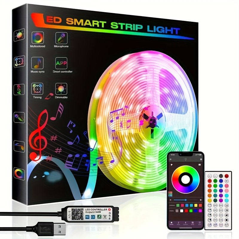 100FT/30M Strip Lights, 5050 SMD Music Sync LED Lights Strip, Smart RGB 16  Million Color Changing LED Lights with 44-Key Remote, Bluetooth APP Control  & Mic for Bedroom Room Party TV DIY(2